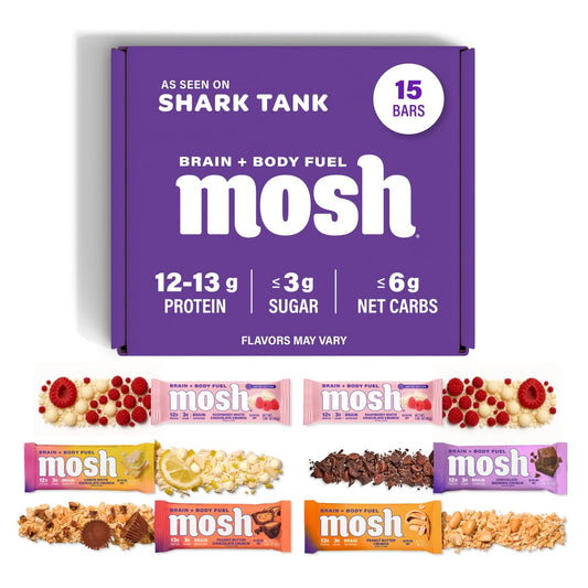 MOSH variety pack keto bars packaging showcases gluten-free, high-protein snacking options.