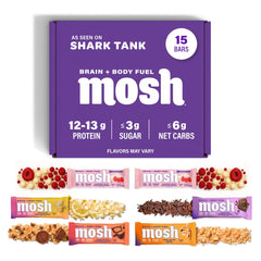 MOSH variety pack keto bars packaging showcases gluten-free, high-protein snacking options.