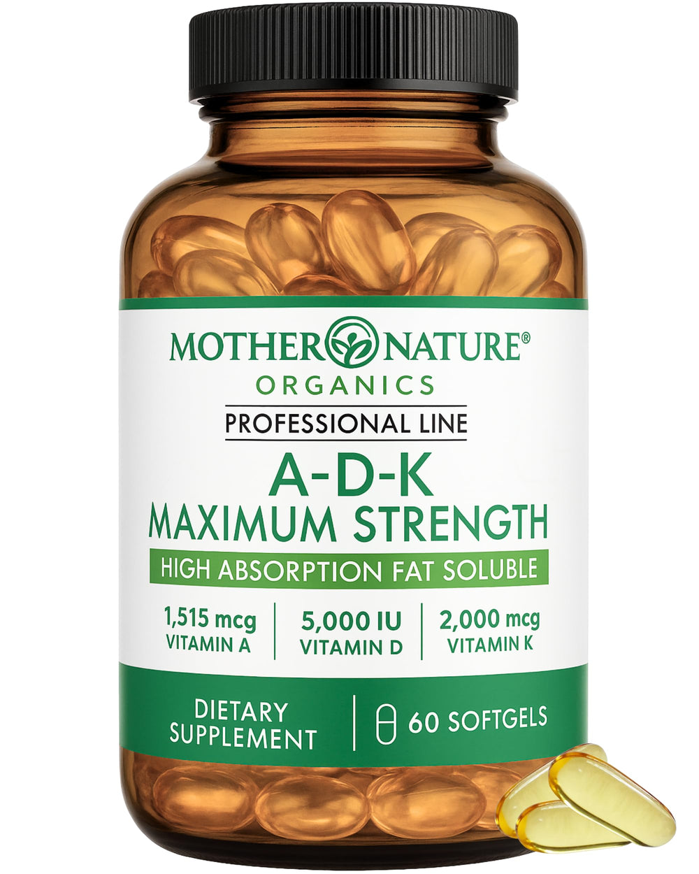 Mother Nature Organics ADK bottle front shows high-dose D3 for bone support