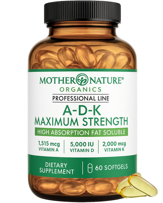 Mother Nature Organics ADK bottle front shows high-dose D3 for bone support