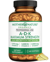 Mother Nature Organics ADK bottle front shows high-dose D3 for bone support