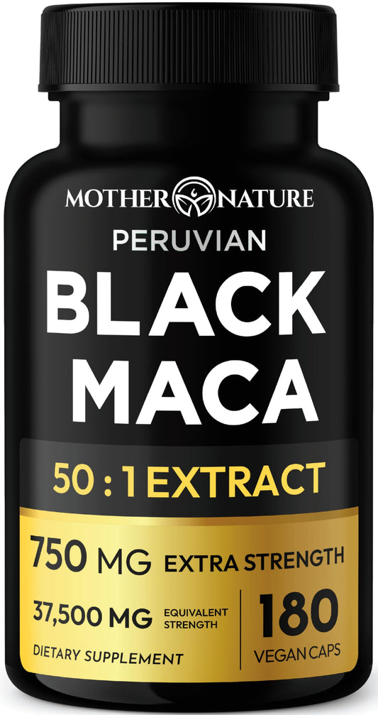 Mother Nature Organics Black Maca bottle-front for premium, high-potency energy support.