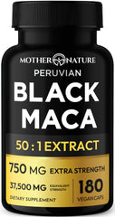 Mother Nature Organics Black Maca bottle-front for premium, high-potency energy support.