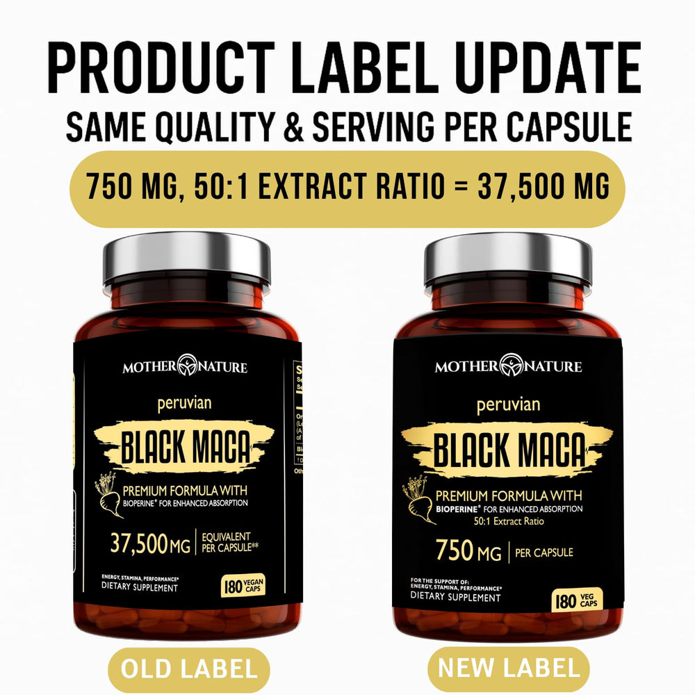Mother Nature Organics Black Maca bottle-label shows organic Peru origin and purity.