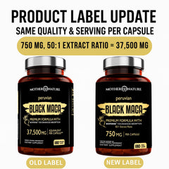 Mother Nature Organics Black Maca bottle-label shows organic Peru origin and purity.