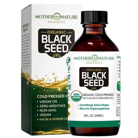 Mother Nature Organics Black Seed Oil bottle pour for easy daily use and potential immune support.