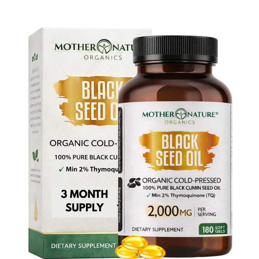 Mother Nature Organic Black Seed Oil Capsules bottle closeup for immune support