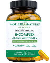 Mother Nature Organics Methylated B Complex bottle showing bioavailable vitamins for energy support