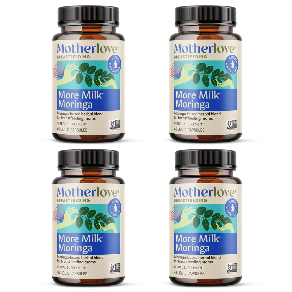 Motherlove More Milk Moringa bottle showing organic herb blend for potential lactation support.