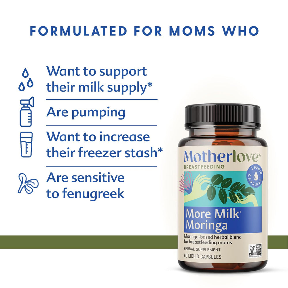 Motherlove More Milk Moringa capsules close-up, fenugreek-free option