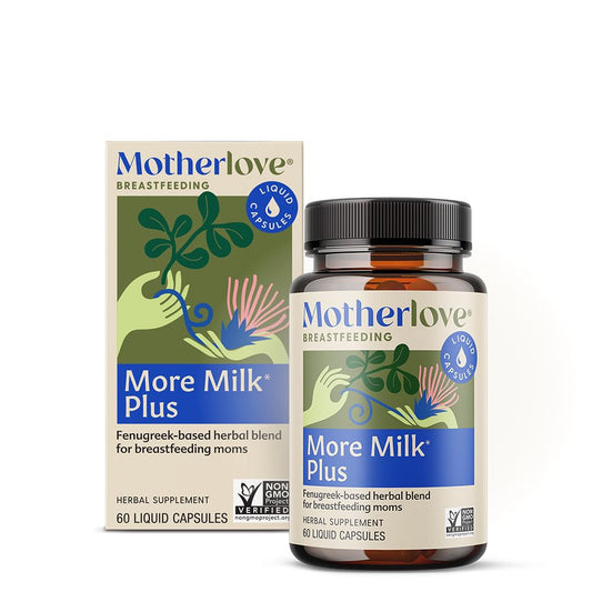 Motherlove More Milk Plus bottle label, highlighting herbal lactation support.