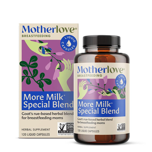 Motherlove More Milk Special Blend bottle cap, easy-to-use capsule format for daily lactation support.
