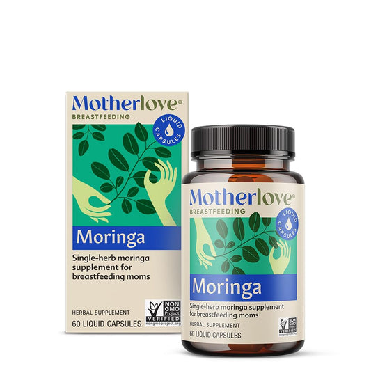 Motherlove Moringa bottle front showing organic, vegan lactation support