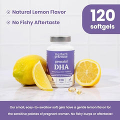 Mother's Promise DHA+D3 softgel packaging showing purity cues.