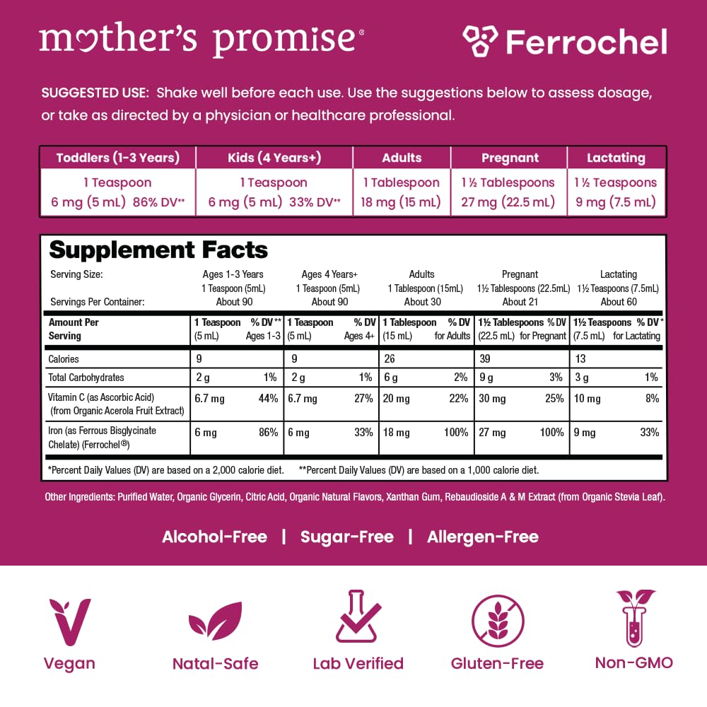 Mother’s Promise liquid iron label closeup showing Ferrochel formula and ingredients