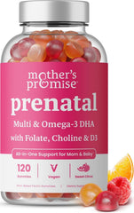 Mother's Promise Prenatal DHA bottle on a counter supports daily prenatal nutrition.