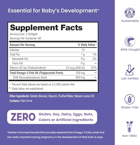 Closeup of Mother's Promise prenatal DHA softgels.