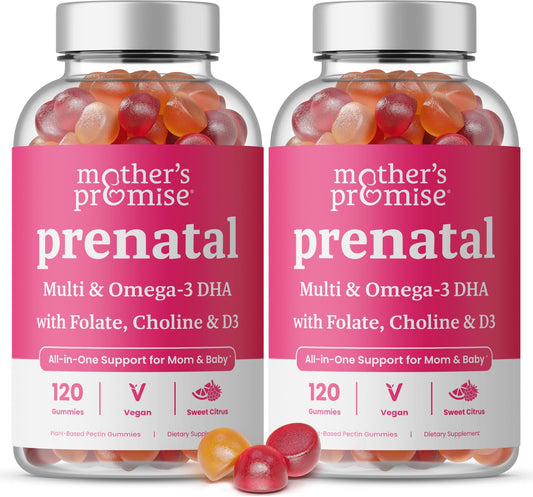 Mother's Promise prenatal gummies bottle showing DHA support for pregnancy nutrition.