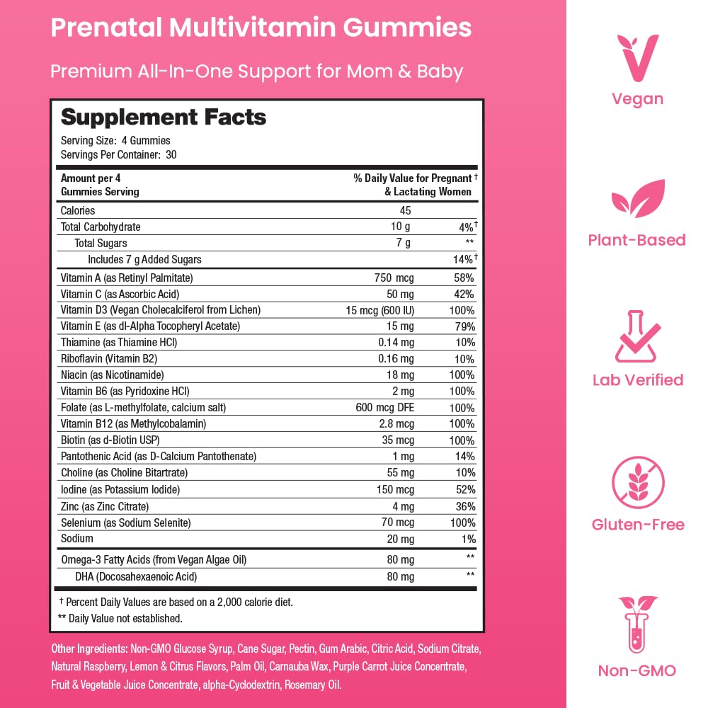 Mother's Promise vegan prenatal label emphasizes plant-based nutrients for mom and baby.