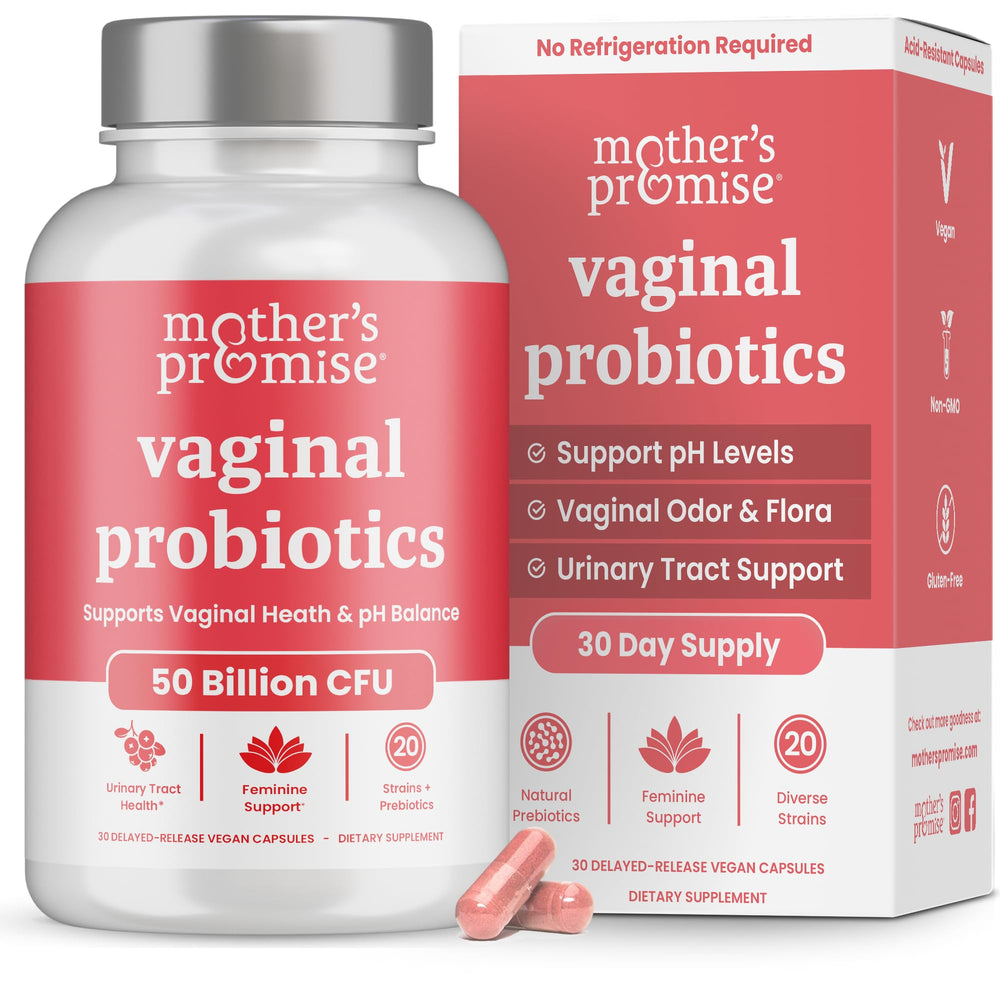 Mother's Promise vaginal probiotic bottle shows 50B CFU for daily balance