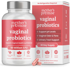 Mother's Promise vaginal probiotic bottle shows 50B CFU for daily balance