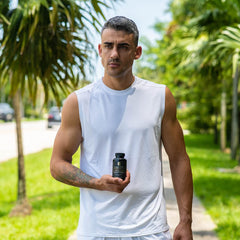 Motiv-8 bottle on gym surface implies smoother energy lift for workouts