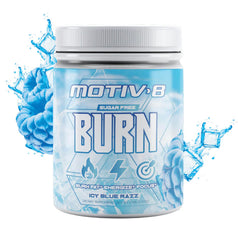 Motiv-8 icy blue razz preworkout bottle shows vibrant color and quick energy boost for workouts.
