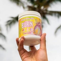 Close-up of Motiv-8 label with bright rainbow sherbet theme