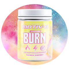 Motiv-8 pre-workout rainbow sherbet bottle showing flavor label for energy boost