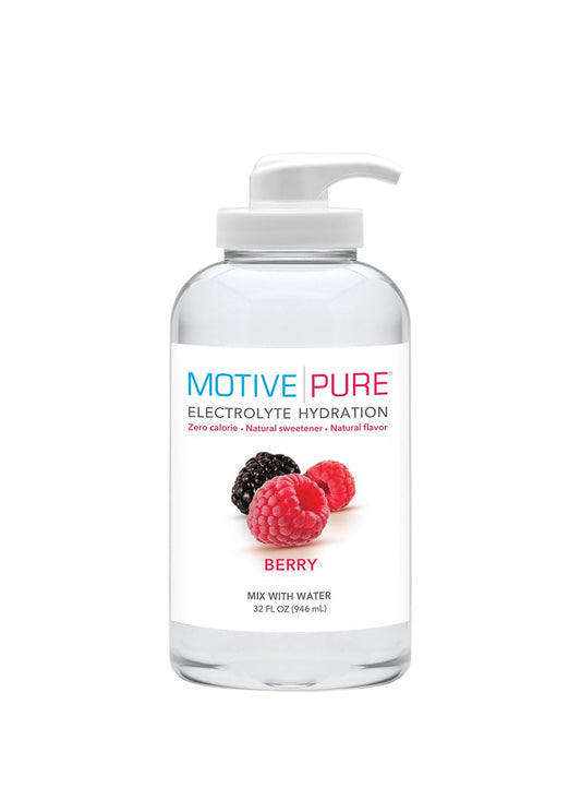 MOTIVE PURE berry electrolyte pump bottle ready for on-the-go hydration.