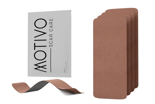 Motivo Scar Tape travel dispenser shown for on-the-go scar care.