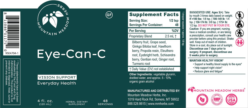 Mountain Meadow Herbs Eye-Can-C ingredients illustration highlighting bilberry and ginkgo benefits.