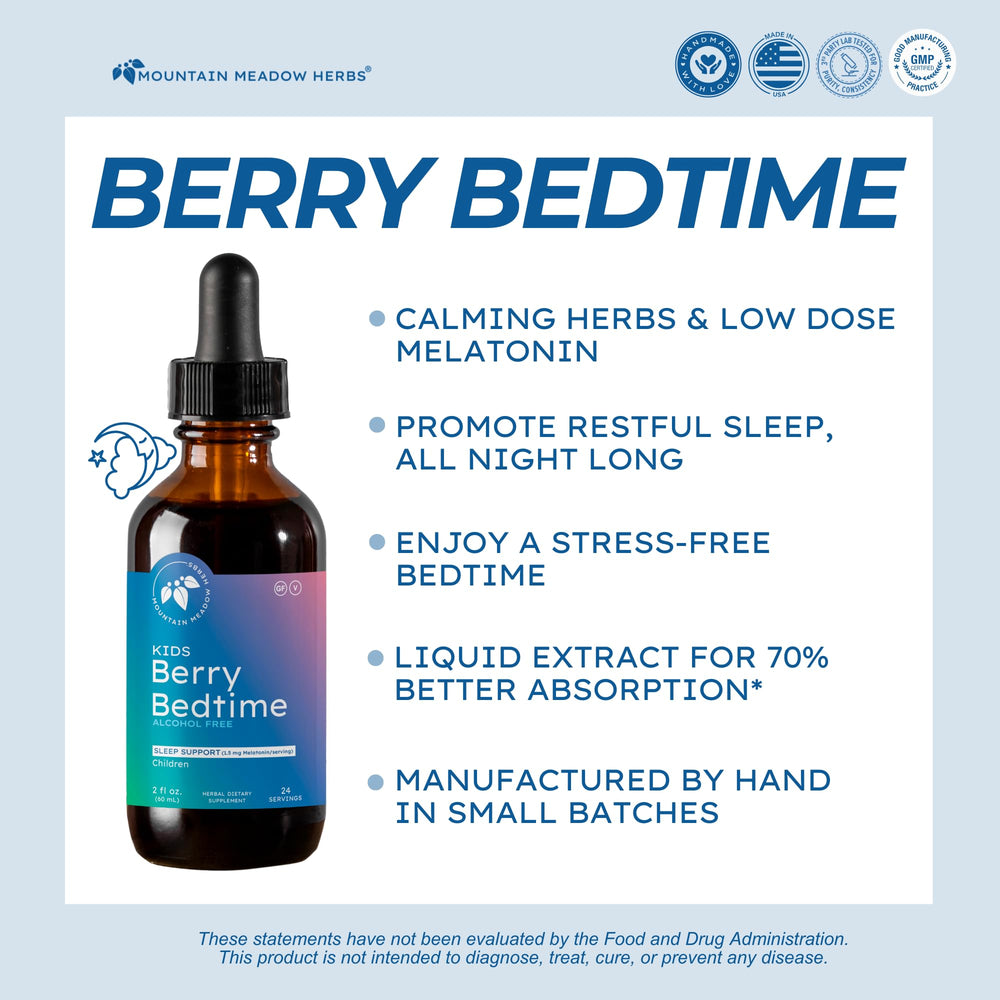 Mountain Meadow Herbs Berry Bedtime dropper pouring for nightly dosing