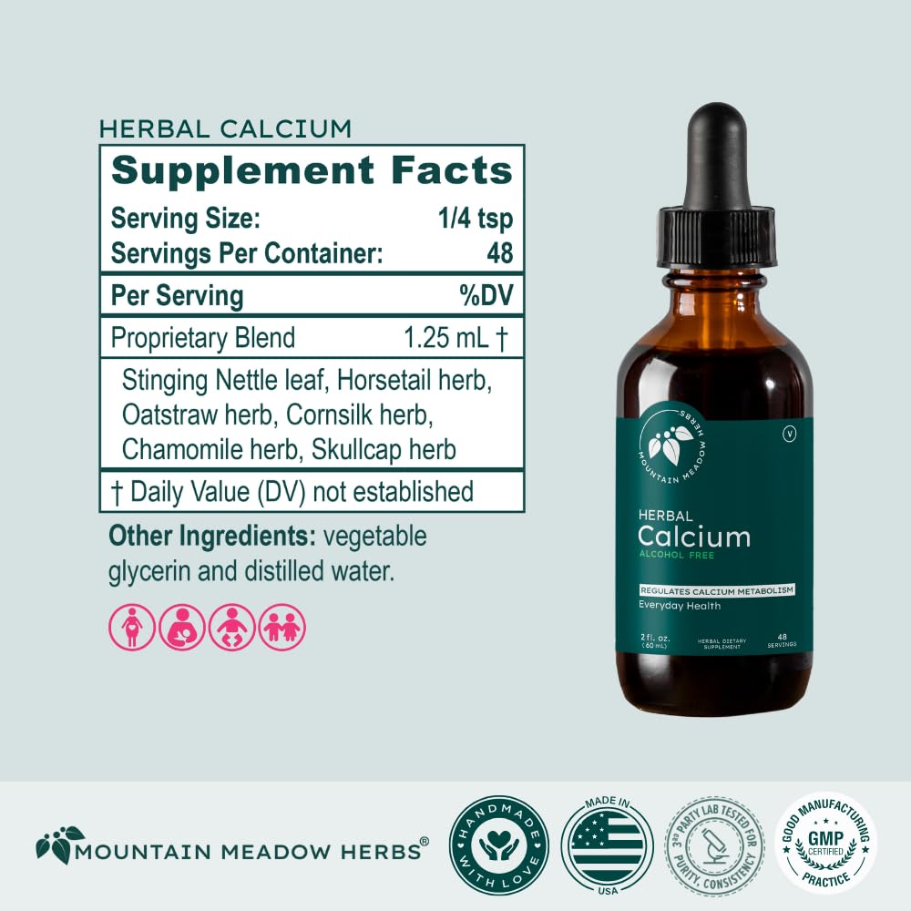 Mountain Meadow Herbs Herbal Calcium amber bottle signaling premium liquid supplement for bone health.