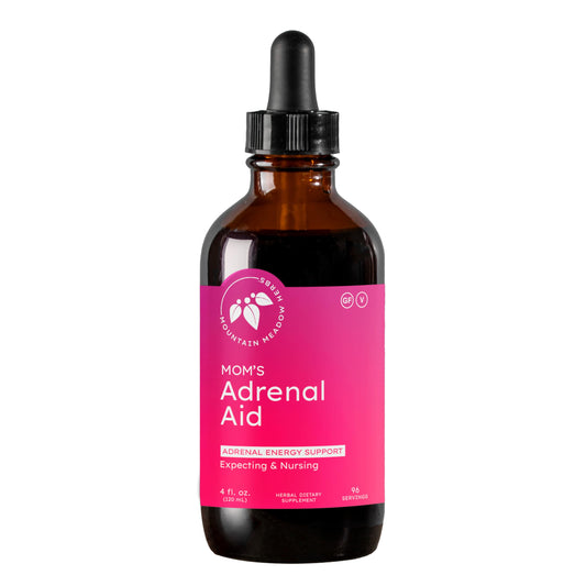 Mountain Meadow Herbs Mom's Adrenal Aid bottle with dropper for convenient, caffeine-free daily dosing.