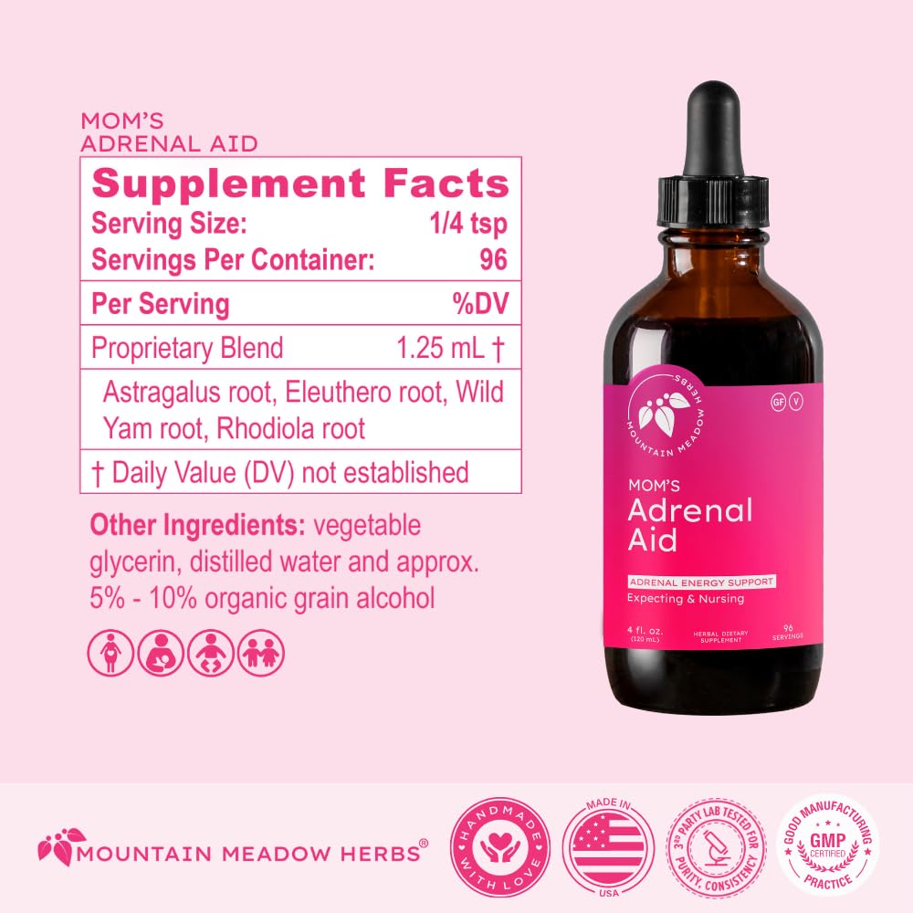 Mountain Meadow Herbs Mom's Adrenal Aid dropper dispensing a precise daily dose.