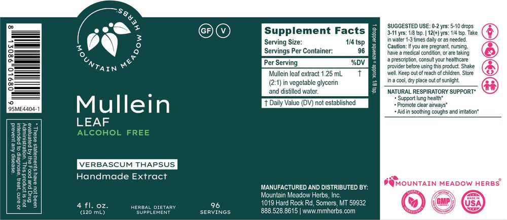 Mountain Meadow Herbs mullein tincture dropper image showing flexible dosing options
