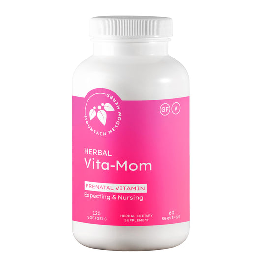 Mountain Meadow Vita-MOM bottle front shows two-month prenatal and postnatal support