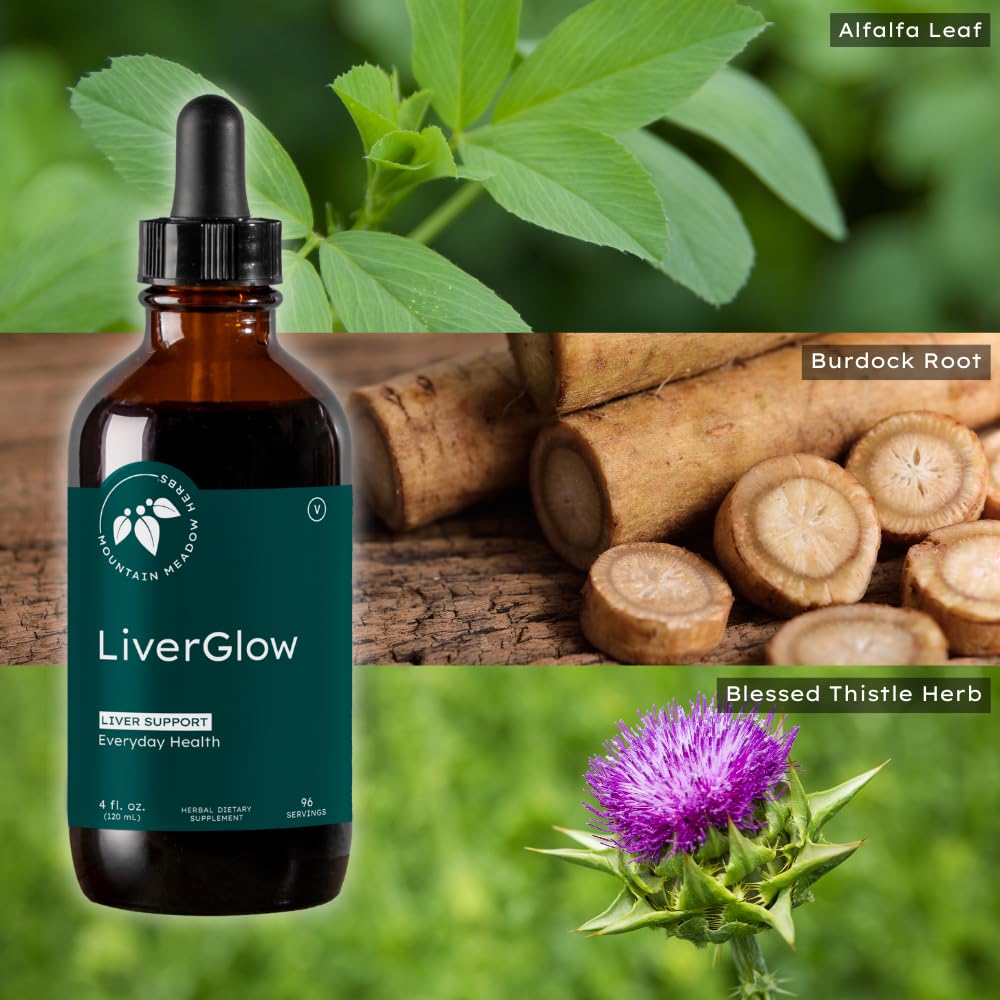 Liver Glow bottle with glass of water ready to take