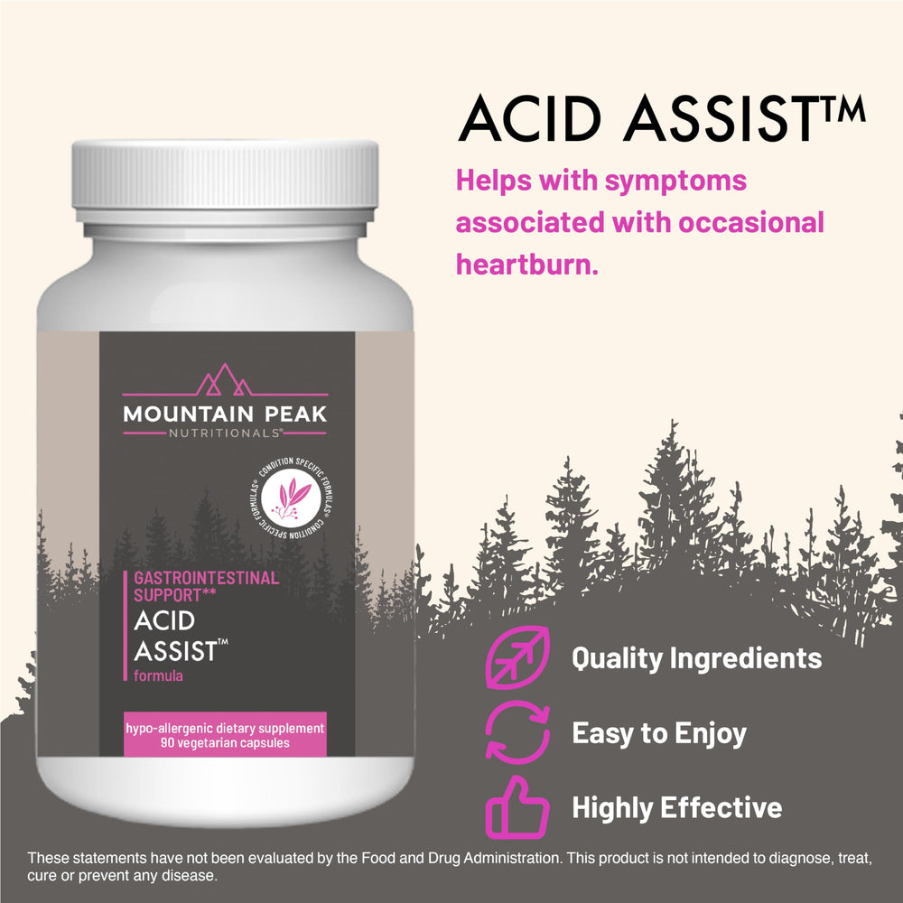 Mountain Peak Acid Assist capsules poured out with smooth, easy-to-swallow texture.