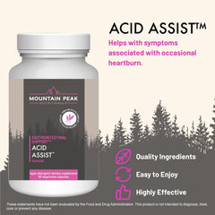 Mountain Peak Acid Assist capsules poured out with smooth, easy-to-swallow texture.