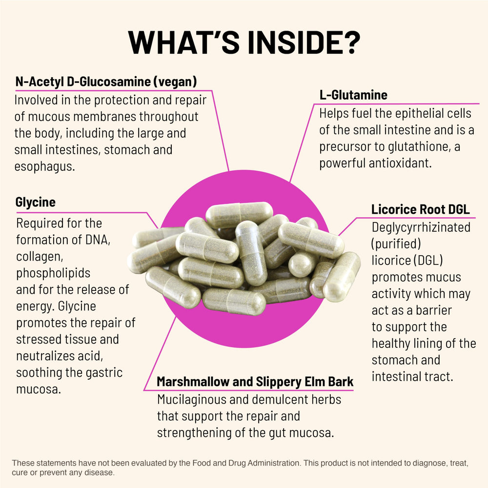 Mountain Peak Acid Assist capsule close-up highlighting N-acetyl glucosamine for tissue support.