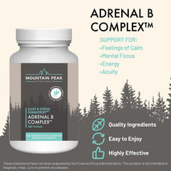 Mountain Peak Adrenal B Complex bottle front, easy-to-swallow vegetarian capsules.