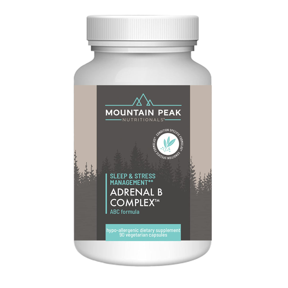 Mountain Peak Adrenal B Complex capsules close-up, supports daily stress management.
