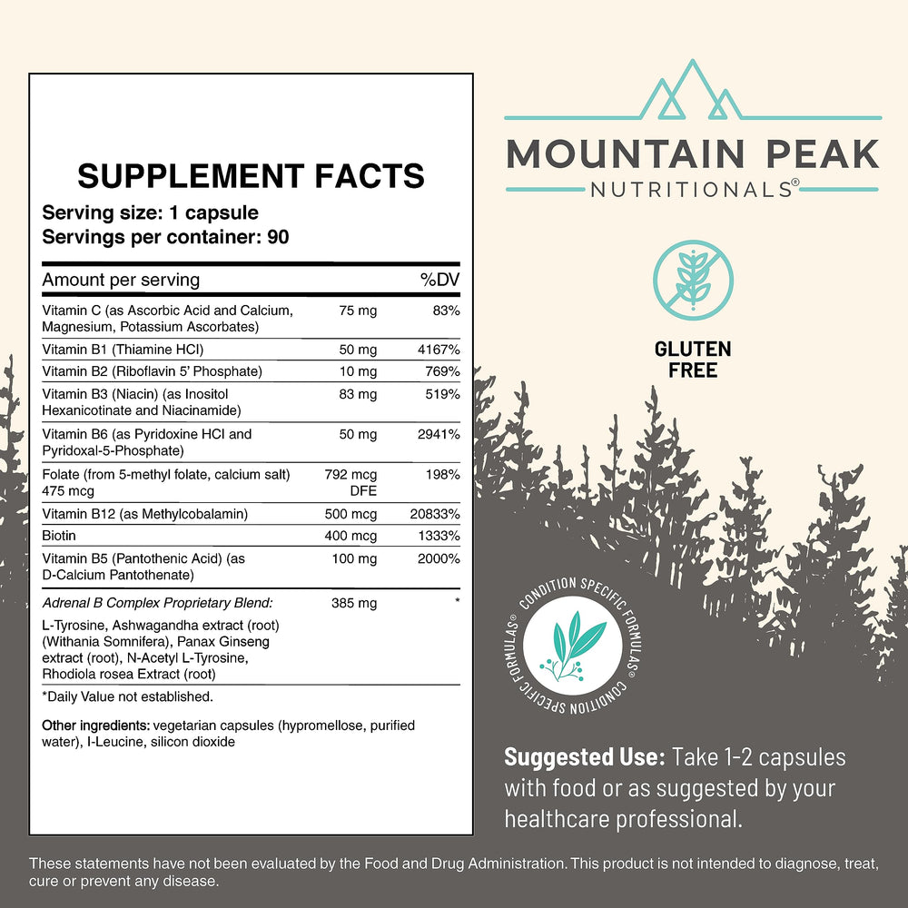 Mountain Peak Adrenal B Complex ingredients label shows clean formulation.