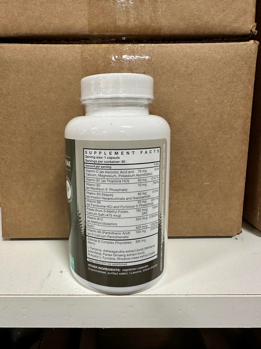 Mountain Peak Adrenal B Complex label detail with Ashwagandha and Rhodiola notes.