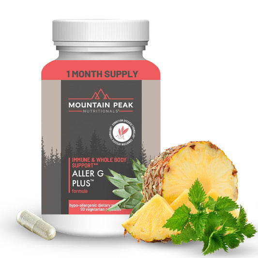 Mountain Peak Aller G Plus bottle shown for seasonal immune support.