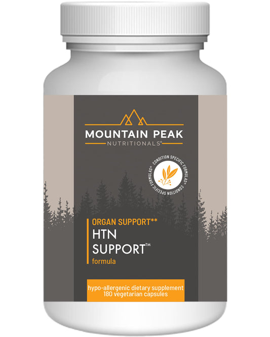 Mountain Peak HTN bottle label highlighting key cardiovascular benefits
