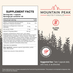 Mountain Peak Immuni-LT label detail highlights vitamins and minerals for vitality.