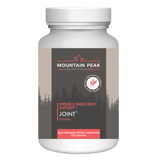 Mountain Peak Joint Formula bottle shows dosage information for daily joint comfort and mobility.